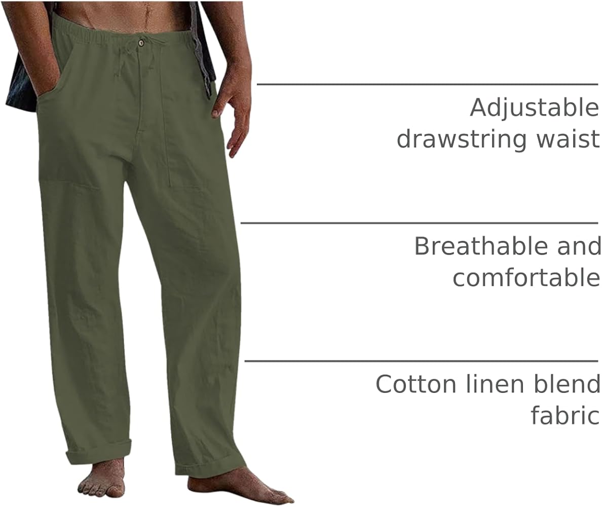 FANARCHER Men's Cotton Linen Pants Drawstring Loose Beach